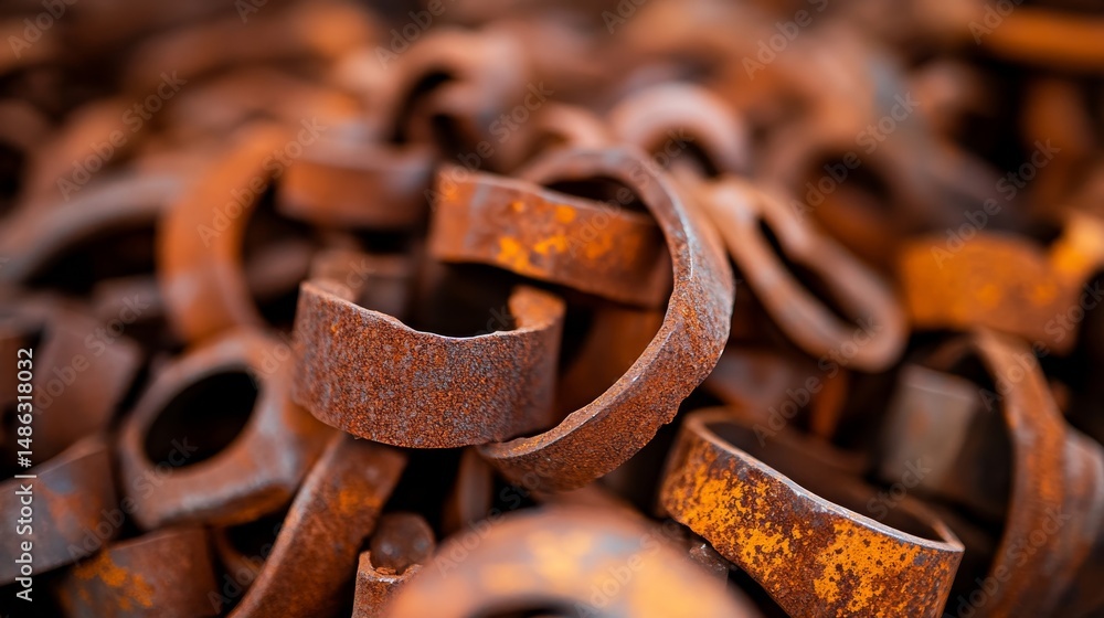 Poster a stack of recycled metal parts displays rusted textures and varying shapes, emphasizing an industri