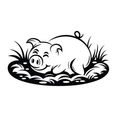 Stylized Smiling Pig, Abstract Black and White Swirls, Tail Curl, Ornamental Look