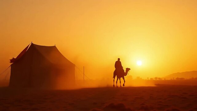 Silhouette of camel rider near tent at sunset in desert landscape under warm golden light 4k video