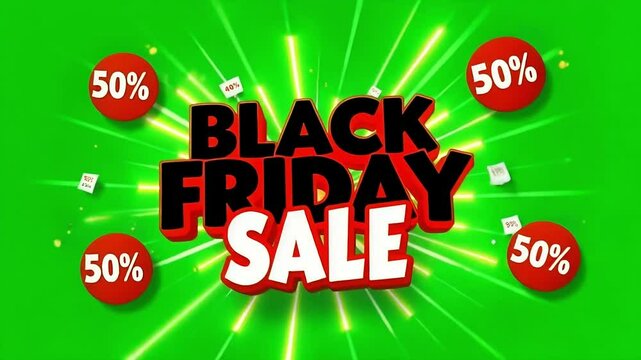 Black friday sale text with discounts on a green background with light burst effect 4k video