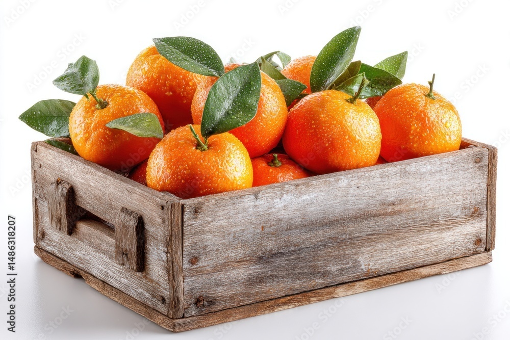 Poster freshly harvested oranges arranged in a rustic wooden crate with green leaves, perfect for a vibrant