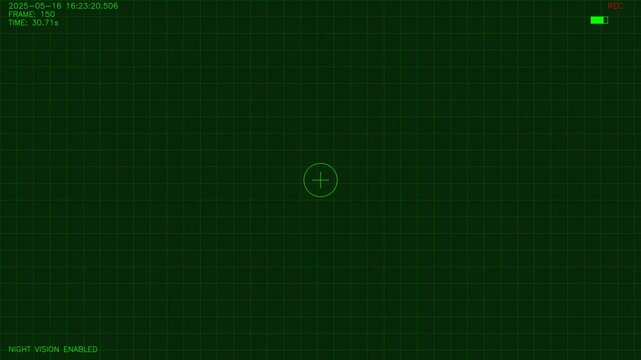 Night vision green military tactical surveillance camera HUD interface with grid overlay display