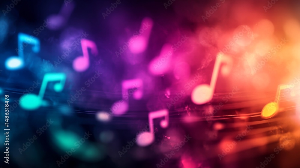 Poster This artwork showcases abstract musical notes and sound waves, glowing in vibrant colors that create a dynamic and engaging visual on a dark background