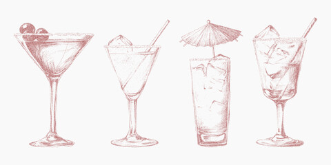 Set of elegant handcrafted Italian style cocktails and aperitivo beverages in retro pop art stipple style. Noisy gritty dot halftone effect on vintage ink sketches.