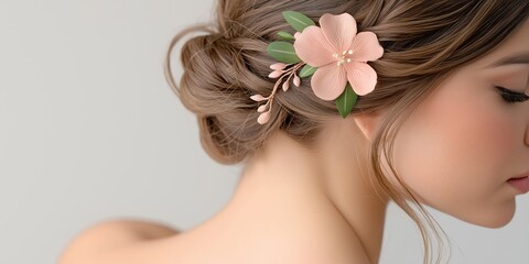Naklejka premium Minimalist photo of a delicate floral hairpin adorning a neatly braided hairstyle