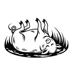 Monochrome Pig Happy Farm Animal Upside Down in Mud and Grass Design