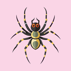 Stylized cartoon spider with eight legs and orange eyes on pink background