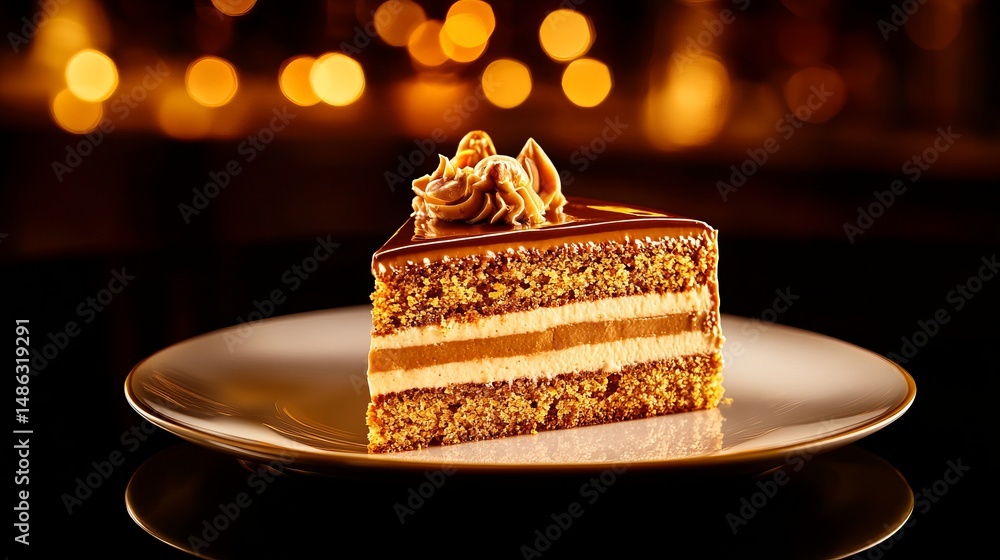 Poster hazelnut cake slice sits on a plate with creamy layers and caramel topping against a bokeh backgroun