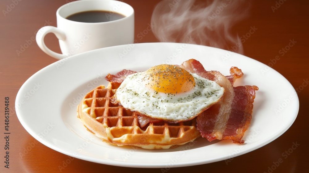 Poster a plate features waffles topped with crispy bacon and a fried egg alongside a steaming cup of coffee