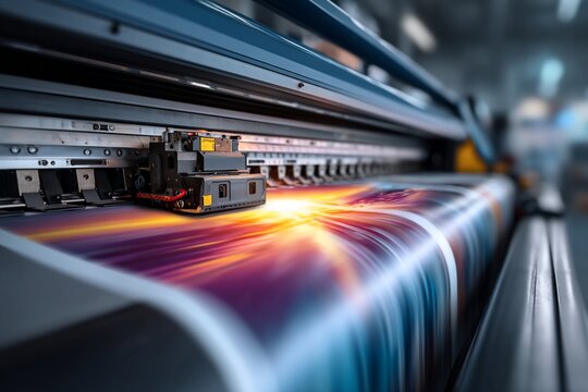 Printing press in action, large format, vivid colors, vibrant abstract background