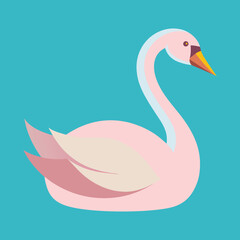 Elegant stylized pink swan swimming gracefully on a blue water background