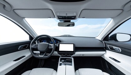 Vehicle interior view through windshield, showing controls & blue sky ahead