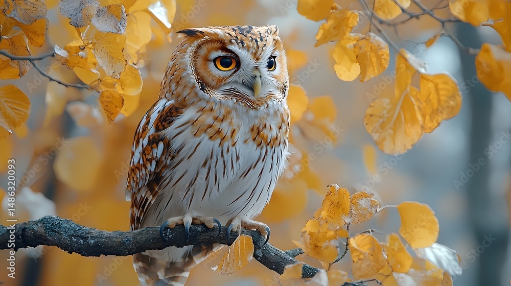 Poster a fragile owl perched on a tree branch in the autumn leaves