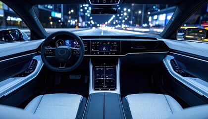 Car interior view speeding through city at night, digital dash