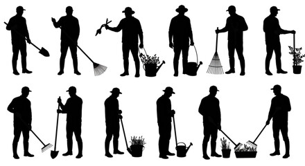 Naklejka premium Set of vector silhouette of men with gardens tools on white background. 