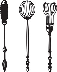 Antique Whisk Set, Vintage Kitchen Utensils, Line Art Illustration