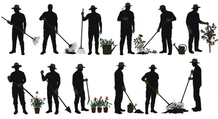 Naklejka premium Set of vector silhouette of men with gardens tools on white background. 