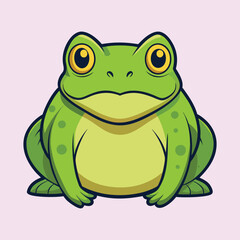 Cartoon Green Frog with Yellow Eyes Sitting on a Light Pink Background