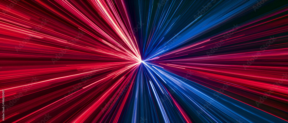 Poster abstract red and blue light streaks converging at a central point creating a striking visual effect