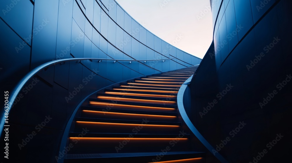 Aufkleber low-angle view of a sleek curved staircase illuminated by dramatic lights, emphasizing the interplay