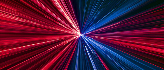 Abstract red and blue light streaks converging at a central point creating a striking visual effect