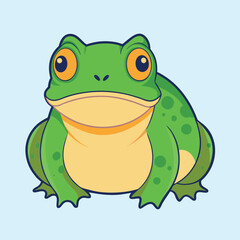 Cartoon green frog with big eyes sitting on a light blue background