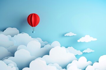Fototapeta premium Red Balloon Ascending Through Blue and White Clouds Varient 3