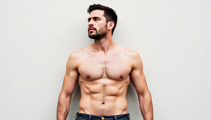 Fototapeta premium Male figure standing against wall with clenched jaw and distant gaze 