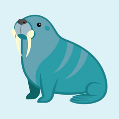 Cartoon Walrus with Tusks Sitting on a Light Blue Background Design