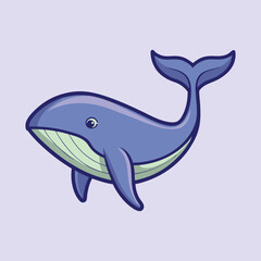 Cartoon Whale Swimming in a Calm Ocean on Light Blue Background