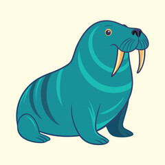 Cartoon Illustration of a Cute Blue Walrus Sitting on Beige Background