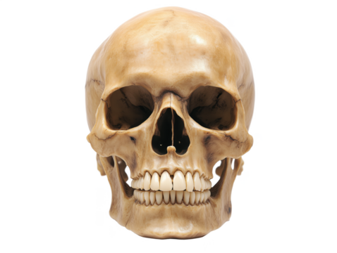Realistic human skull model showcasing detailed anatomical features and dental structure, isolated on transparent background, png