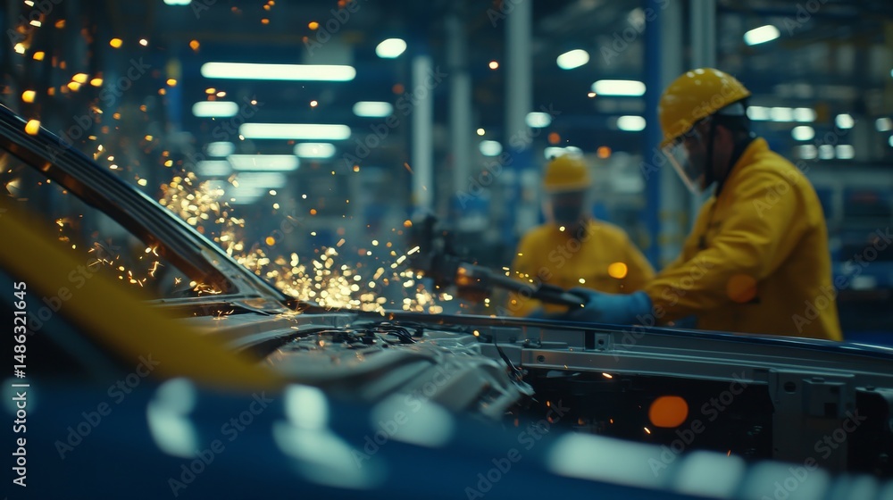 Poster factory worker in safety gear utilizes a robotic arm while sparks fly, surrounded by industrial mach