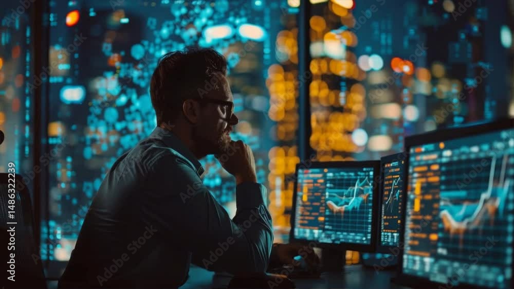 Poster a focused professional analyzing data on computer screens while surrounded by a vibrant city skyline