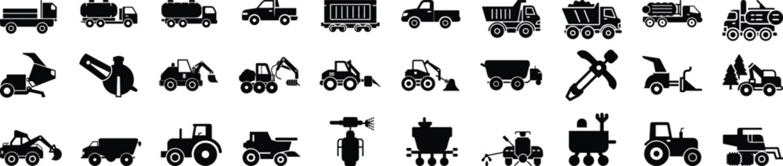 Vehicle agricultural forestry transport line icon set. Vector pictograms of skidder, trailer, irrigation, hose, seed, drill, grain, silage, fertilizer, livestock, thin linear illustration.