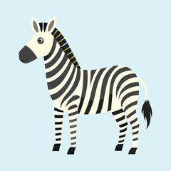 Cartoon zebra standing in a blue background, cute stripes, wild animal