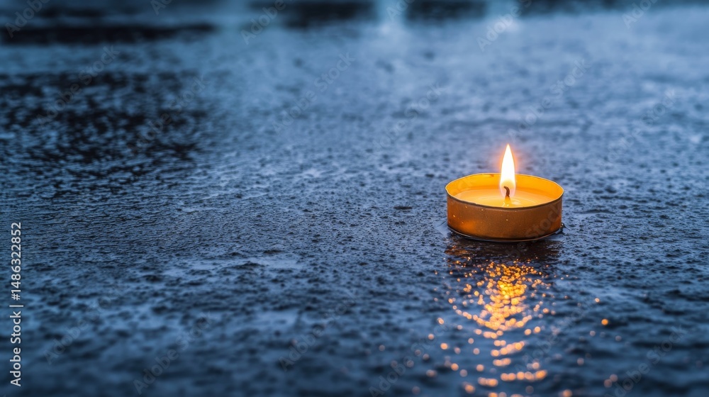 Poster a single candle burns softly on a wet surface, creating a warm glow that contrasts with the coolness