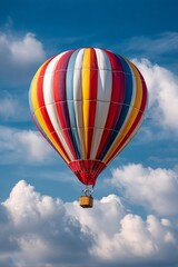 Naklejka premium Hot air balloon soaring in cloudy sky for travel advertising, summer fun