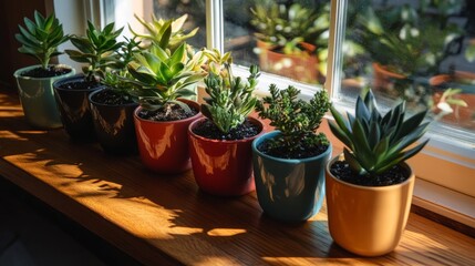 Fototapeta premium Brightly colored ceramic pots hold an assortment of cacti on a sunlit windowsill, where soft shadows dance across the wooden surface