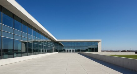 Modern building exterior with glass windows and a clear blue sky.