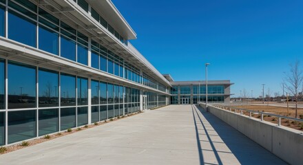Modern building with large windows and a concrete walkway under a clear blue sky.