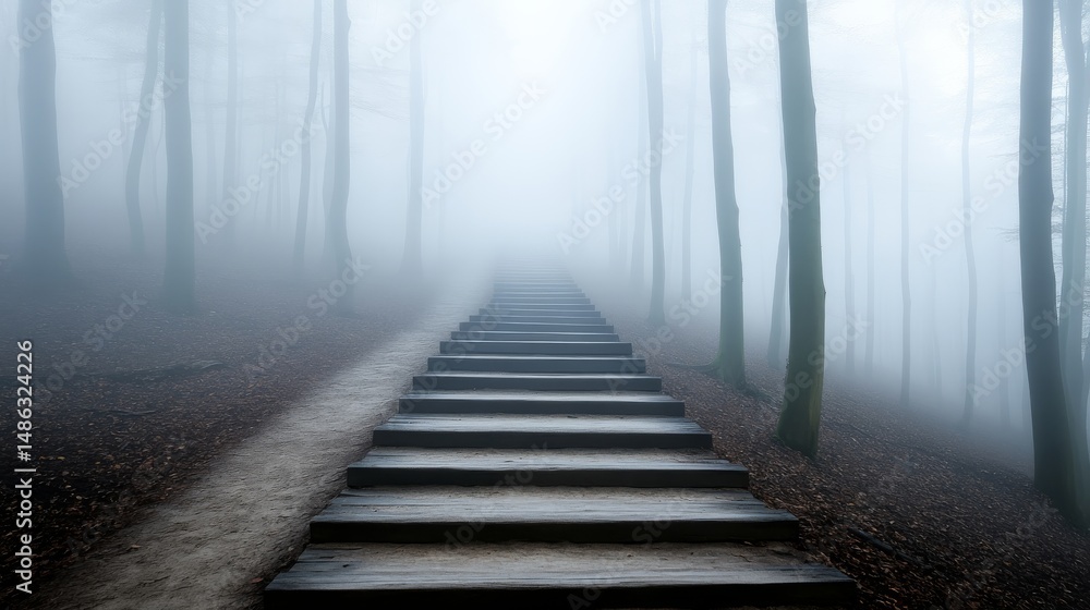Aufkleber A weathered staircase leads through a dense fog, surrounded by tall trees, creating a mysterious and tranquil atmosphere in the forest