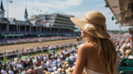 Elegant woman in hat watching horse race at crowded stadium on sunny day of derby event
