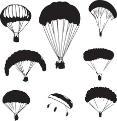 Black and White Parachute Silhouettes Vector Art Illustration