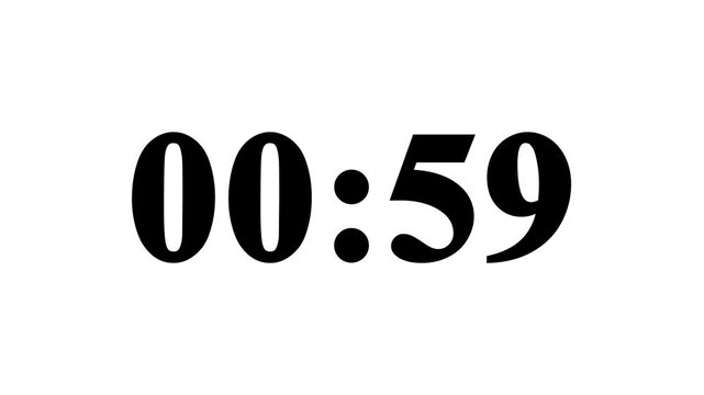 one hours countdown timer animation from 60 to 0 countdown with alpha channel, Countdown video, Stop watch countdown 1 minute animation from 0 to 60 seconds on white background, 60 second countdown