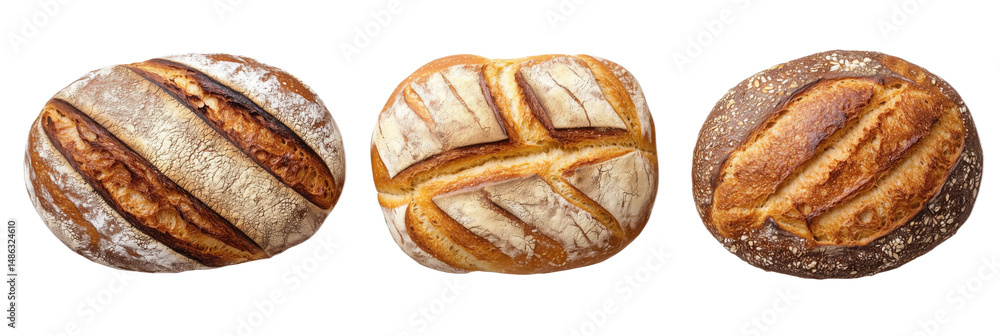 Poster artisan bread loaves displayed in a row with unique crust patterns and textures, isolated on transpa