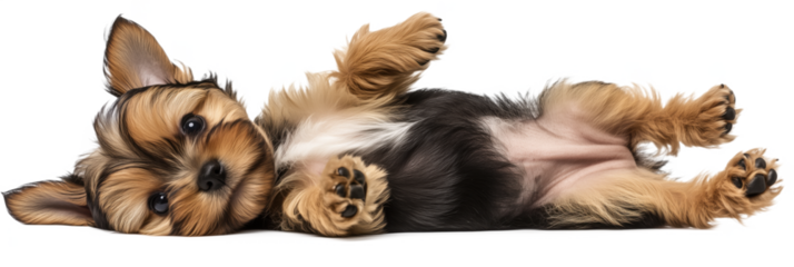 Adorable Yorkshire Terrier puppy lying on back with playful expression and fluffy fur, isolated on transparent background, png
