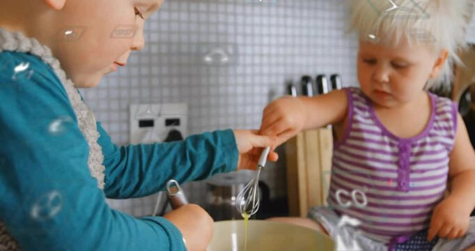 Siblings mixing ingredients with metal whisks in cooking tutorial, with animated measurement chart