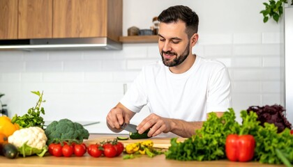 Bearded man slicing zucchini, surrounded by colorful fresh vegetables in bright kitchen