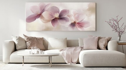 Pastel floral painting on canvas above beige sectional sofa